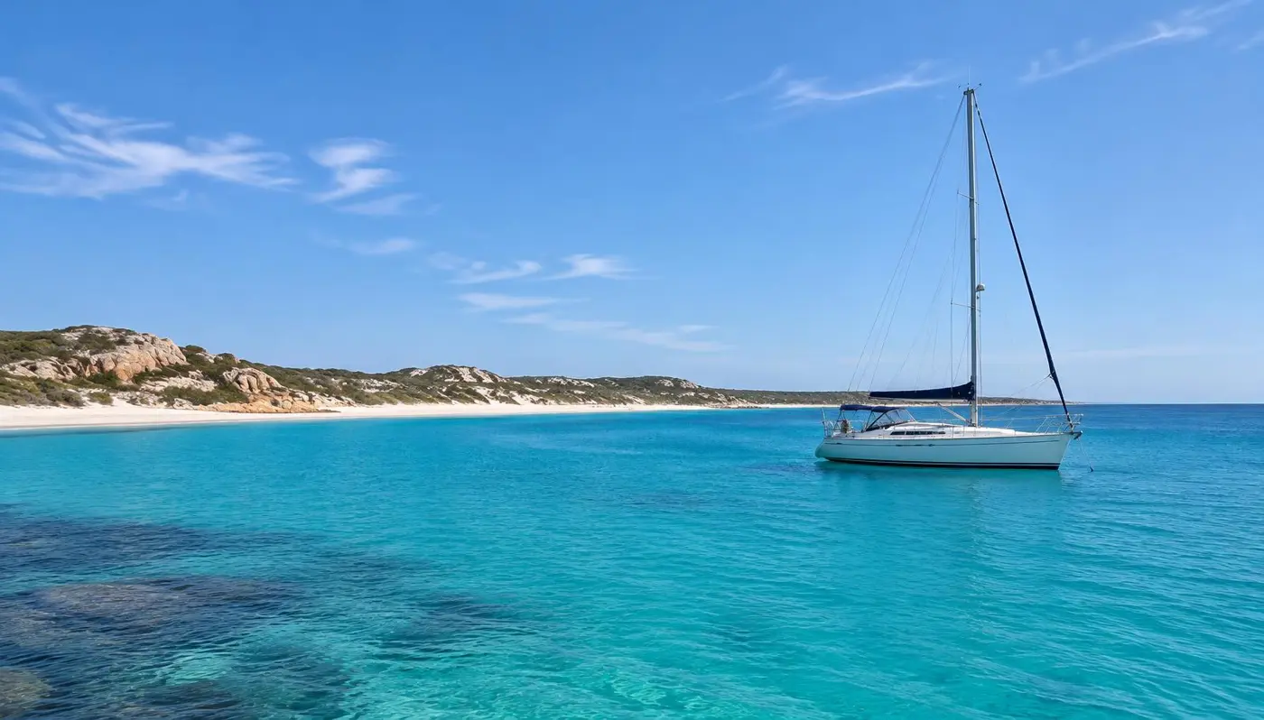 Sailing yacht at anchor off a sandy coastline (illustrative image)